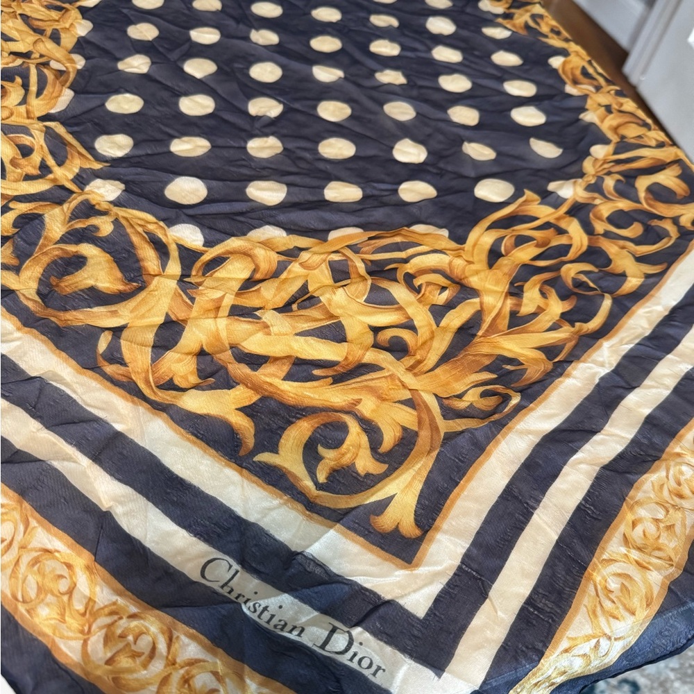 VINTAGE Christian Dior Silk Scarf 32" Baroque Polka Dot Stripe Navy Gold Blue - Picture 4 of 9